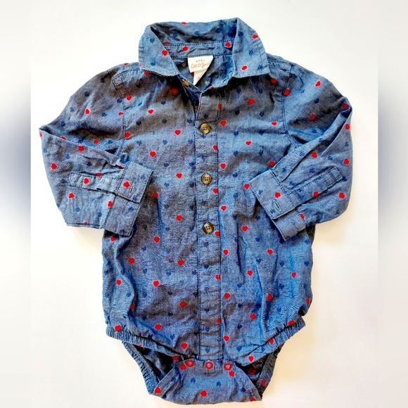 Cat & Jack Other - Cat & Jack Heart design chambray button down onesie 12m size Valentine baby phot